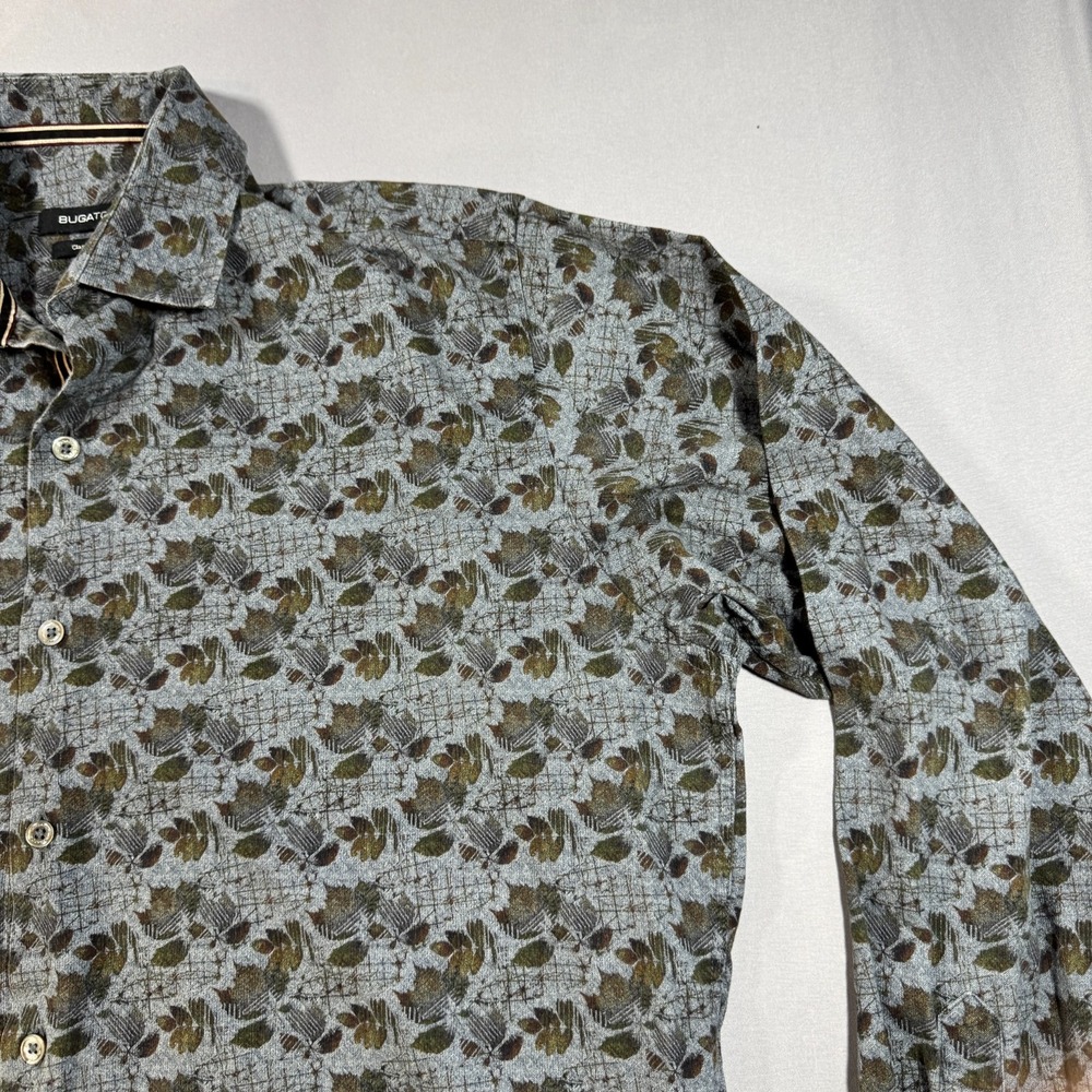 Bugatchi Mens Large Classic Fit Long Sleeve Button Down Shirt Leaf Print Gray - Picture 5 of 10